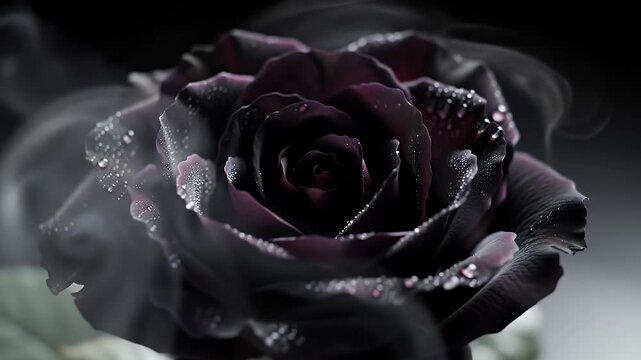 Dramatic Black Rose with Smoke and Water Droplets against Dark Background Creates Moody Floral Still Life