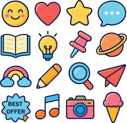 "Hand-Drawn Fun and Vibrant Icon Set Featuring Rocket, Shopping Cart, Cloud, Trophy, Candy, Ice Cream, Apple, Smiley, Calendar, and More for Digital Design, Social Media, Communication, Marketing, Lif