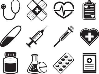 Health Medical Icons in Silhouette on White Background  Premium Vector Set