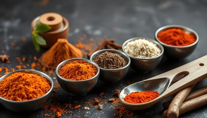 Assorted spices turmeric paprika cinnamon in bowls for cooking and seasoning food photo