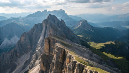 Majestic jagged mountain peaks pierce the sky under a dramatic cloudy sky