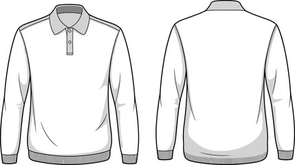 Long sleeve polo shirt flat sketch, front and back view, ribbed cuffs and hem, technical fashion drawing, vector CAD template