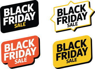 Four distinct black friday sale labels with bold typography and vibrant colors