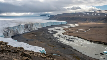 Dramatic glacial landscape with a winding river flowing from a massive ice sheet under a cloudy sky