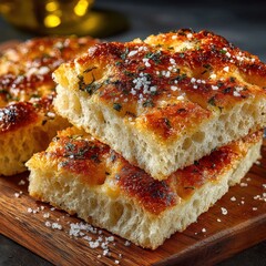 Slices of delicious focaccia genovese with rosemary and coarse salt on wooden cutting board