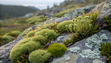 Close up of vibrant green moss and lichens growing on a rocky hillside in a natural landscape