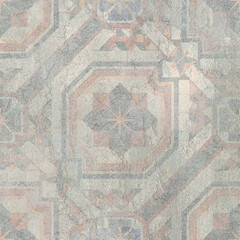 Colorful ceramic wall tiles decoration. Abstract damask patchwork pattern with geometric and floral ornaments, Vintage tiles intricate details