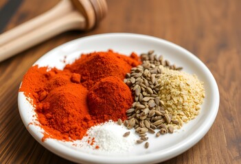 Spices and seeds on plate, paprika powder, sunflower seeds, food photography and ingredients