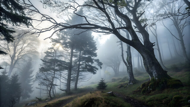 Misty forest path with tall trees and eerie atmosphere on a foggy morning