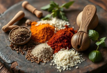 Assorted spices and herbs on wooden tray for cooking and culinary photography ideas