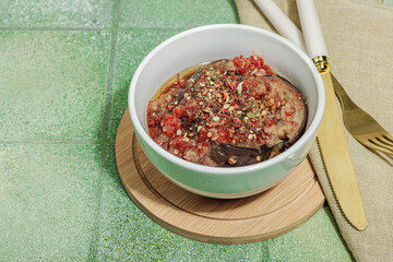 Fermented eggplants in a bowl. Healthy gut food, natural probiotic superfoods, organic pickles