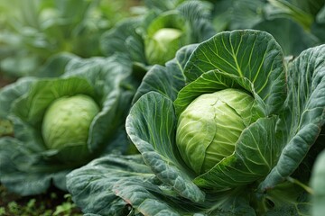 Obraz premium Close-up of fresh green cabbages in a field