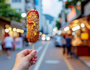 Hand Holding Korean Street Corn Dog with Ketchup and Mustard in City Street