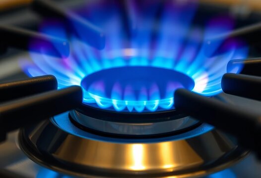 Close-up of a gas stove burner with a vibrant blue flame burning,   appliance,  cooking - Powered by Adobe