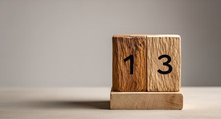 Wooden blocks display number thirteen symbolizing superstition luck and calendars in soft studio