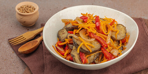 Vibrant salad in a trendy bowl. Fermented eggplant, bell pepper, carrot and onion. Healthy gut food