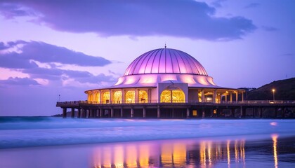 Obraz premium Dome Building at Twilight Reflecting on Ocean Waves