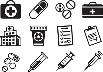Health Medical Icons in Silhouette on White Background  Premium Vector Set