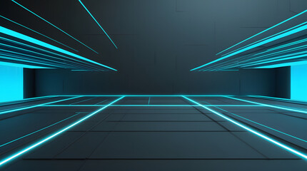 Abstract futuristic technology background with glowing blue neon lines in a virtual data tunnel and an empty stage