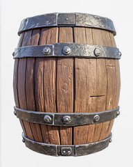 Fototapeta premium Aged Wooden Barrel with Metal Bands Detailed Rustic Container for Beverages and Storage Vintage Style Isolated on White Background