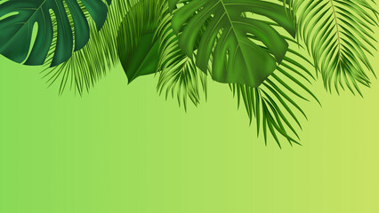 Tropical green luau backdrop with palm fronds and island elements, great for social media graphics or invitation cards.