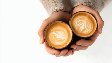 Two hands holding cups of latte art coffee, with a clean white background emphasizing warmth