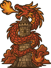 Majestic fire dragon curled around a medieval castle tower, breathing fire into the sky, vector art