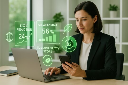 Businesswoman analyzing sustainability metrics on futuristic interface with CO2 reduction and solar energy stats in modern office
