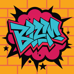 Graffiti lettering of the word 'Boom' on a brick wall background