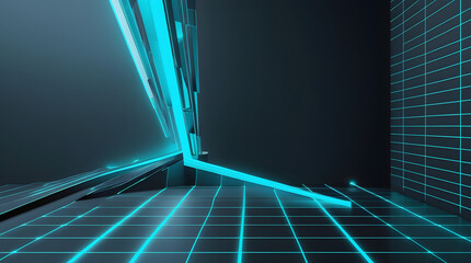 A futuristic digital environment with glowing cyan light trails moving across a dark grid surface. Abstract technology concept background.