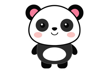 Adorable cartoon illustration of a standing panda with big round eyes, blushing cheeks, and a happy smile, set against a soft pastel background.