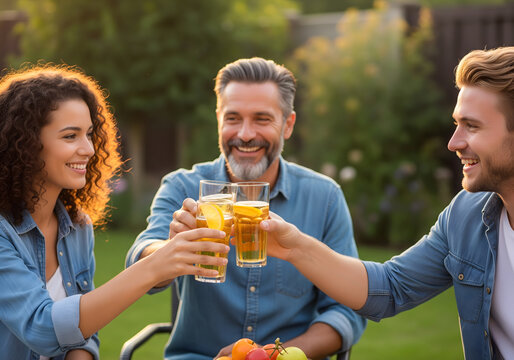 A middle-aged man and two young people, appearing happy and cheerful, toast with glasses of a beverage in a sunny outdoor setting