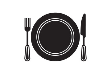 Black Silhouette of a Dinner Plate with Fork and Knife for Restaurant and Food Designs