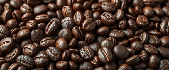 Obraz premium Deep brown roasted coffee beans, oily sheen, rich texture, vibrant, photography