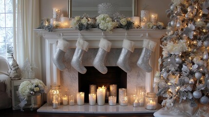 Elegant Christmas Living Room with White and Silver Holiday Decor
