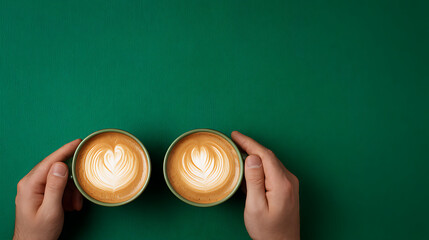 Two hands holding cups of latte art on a green background, showcasing a cozy coffee moment