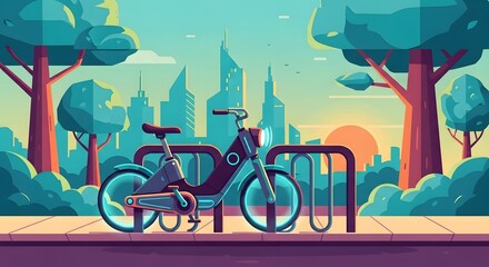 Electric Bicycle Parked in City Bike Rack with Skyline View, Eco-Friendly Transportation Illustration with Modern Design in Urban Landscape