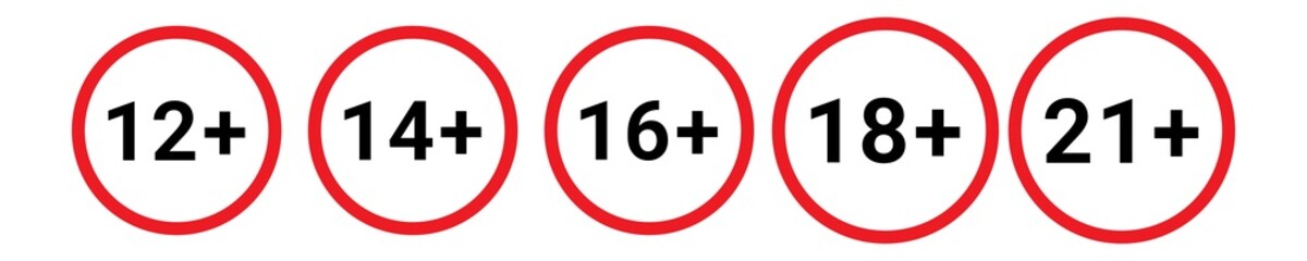 Fototapeta premium Set of age restriction icons for adult content: 12+, 14+, 16+, 18+, and 21+ years old