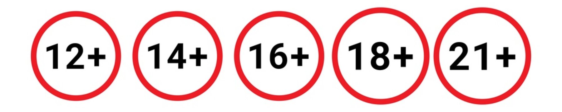 Set of age restriction icons for adult content: 12+, 14+, 16+, 18+, and 21+ years old