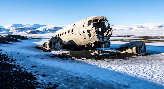 Abandoned airplane wreckage on a snowy landscape - Powered by Adobe