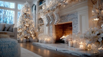 Fototapeta premium Elegant Christmas Living Room with White and Silver Holiday Decor