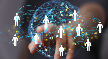 Image of a hand interacting with a digital network representing global connections and communication.