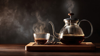 Steaming coffee in a glass cup with a teapot on a wooden board, dark smoky background