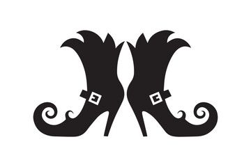 Black and White Silhouette of a Pair of Witch Boots with Heels for Halloween Designs