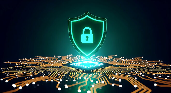 Glowing shield with padlock over a computer chip and circuits