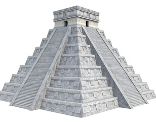 3D cartoon Chichen Itza Pyramid with steep stone steps, flat top, and ancient Mayan details. 