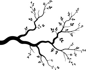 silhouette vector of a single tree branch with multiple offshoots and a few sparse leaves