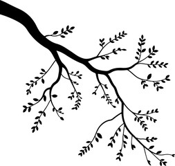 silhouette vector of a single tree branch with multiple offshoots and a few sparse leaves