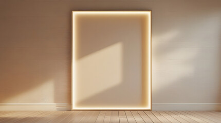 Minimalist empty room with a blank luminous frame mockup leaning on a wall, illuminated by sunlight casting soft shadows.