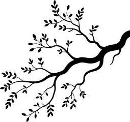 silhouette vector of a single tree branch with multiple offshoots and a few sparse leaves